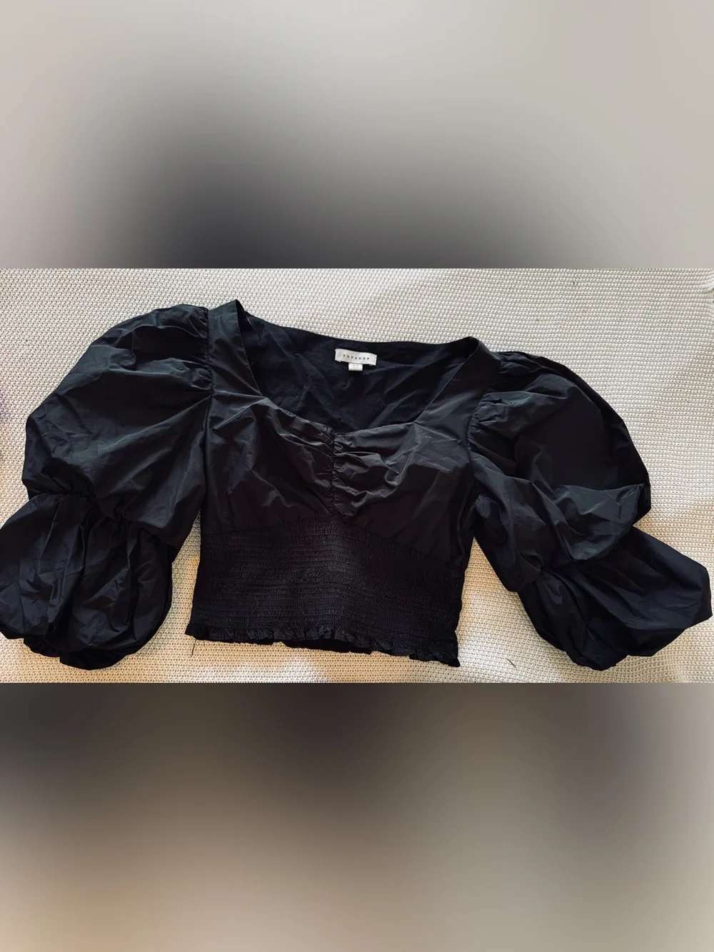 TOPSHOP Taffeta Puff Sleeve Blouse Smocked Black Crop Top - Picture 5 of 13